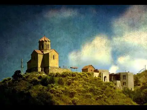 View of Tabori Castle ruins and church on a hill in Tbilisi, Georgia