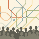 Faceless crowd over a colorful transit map with station icons, illustrating accessibility, networks, and spatial patterns—core ideas of human geography.