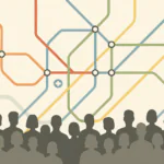 Faceless crowd over a colorful transit map with station icons, illustrating accessibility, networks, and spatial patterns—core ideas of human geography.