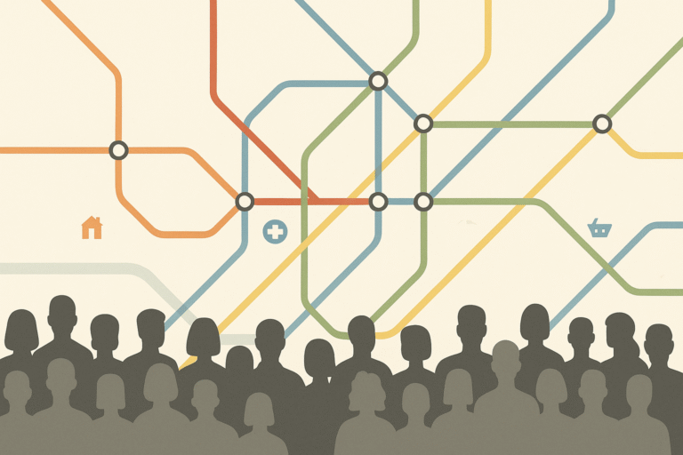 Faceless crowd over a colorful transit map with station icons, illustrating accessibility, networks, and spatial patterns—core ideas of human geography.