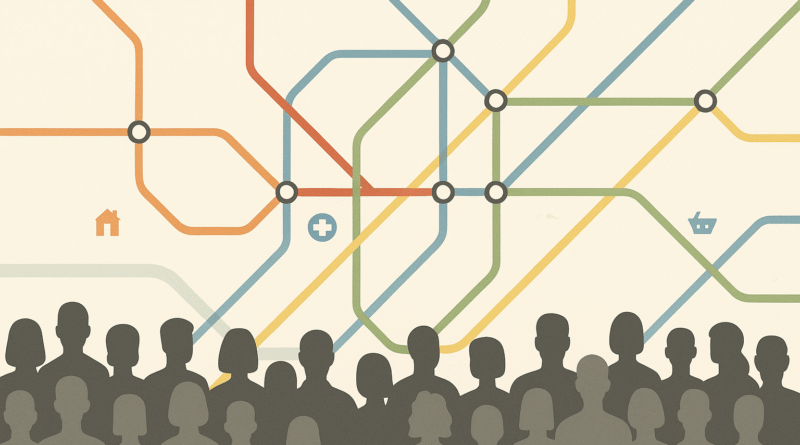 Faceless crowd over a colorful transit map with station icons, illustrating accessibility, networks, and spatial patterns—core ideas of human geography.