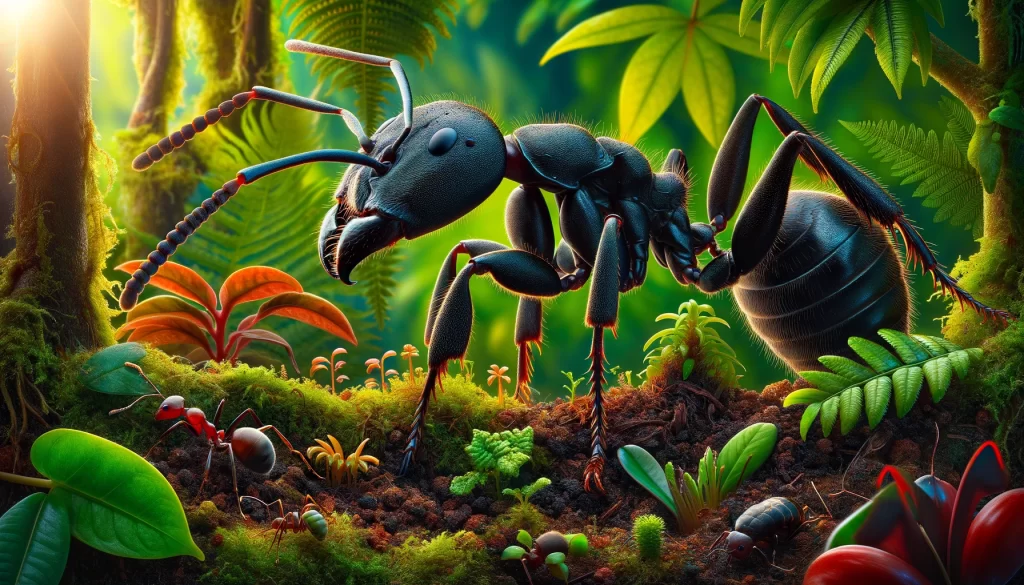 A close-up of a Giant Amazonian ant in a lush South American rainforest, surrounded by tropical plants, with a bullet ant and a carpenter ant in the background for size comparison.