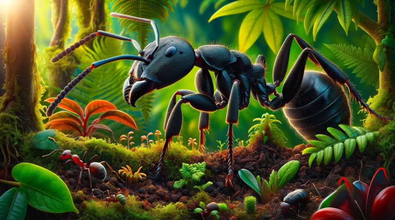 A close-up of a Giant Amazonian ant in a lush South American rainforest, surrounded by tropical plants, with a bullet ant and a carpenter ant in the background for size comparison.