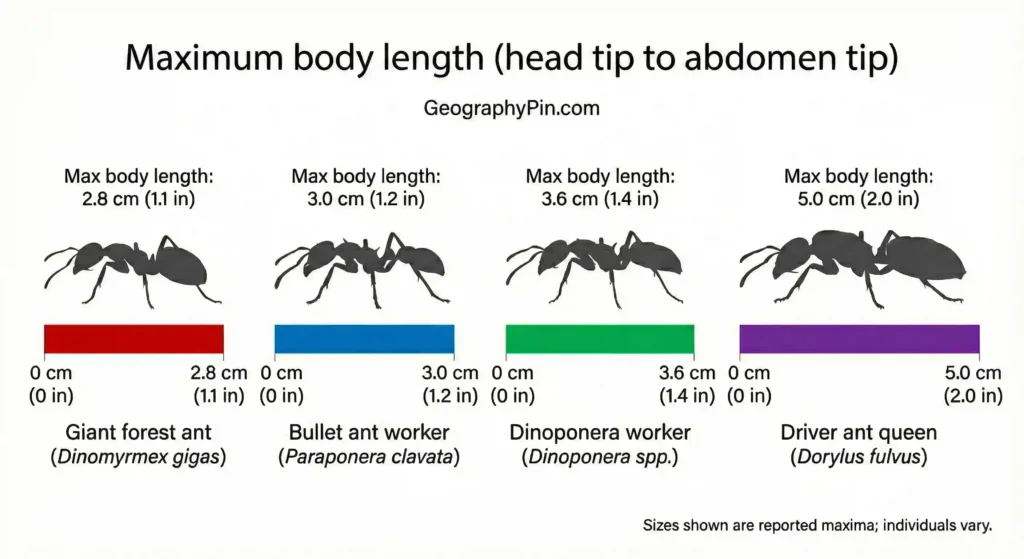 Maximum body length comparison chart of the world’s largest ants, from Dinomyrmex gigas to a Dorylus fulvus driver ant queen