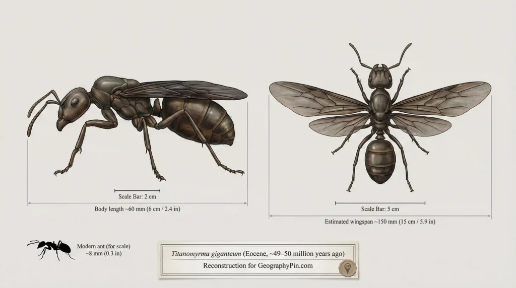 Titanomyrma giganteum reconstruction showing side view body length about 60 mm and top view wingspan about 150 mm, with a modern ant silhouette for scale