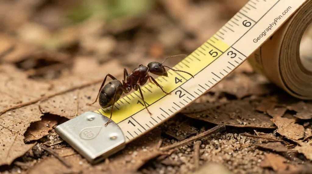Macro photo of a large ant walking across a measuring tape on a forest floor, emphasizing ant body length