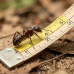 Macro photo of a large ant walking across a measuring tape on a forest floor, emphasizing ant body length