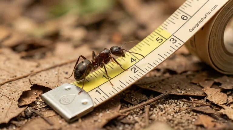 Macro photo of a large ant walking across a measuring tape on a forest floor, emphasizing ant body length