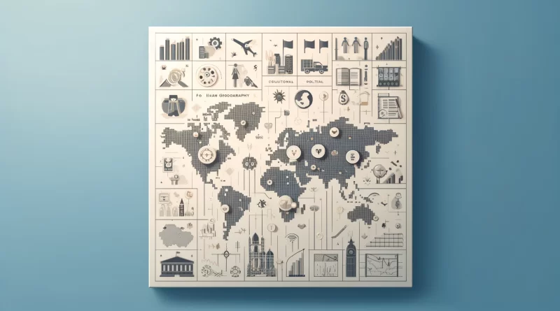 A minimalistic and professional wide image depicting human geography. It features a simple world map with highlighted regions and minimalist icons representing different geographic areas of study such as Cultural, Economic, Political, Social, and Urban Geography.