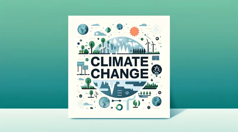 Icons for rising temperatures, melting ice caps, deforestation, and renewable energy in climate change article.