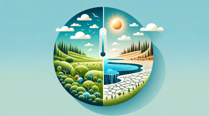 Illustration depicting the contrasting effects of climate change, with one side showing a lush green Earth and the other side a dry, barren landscape, symbolizing rising global temperatures.