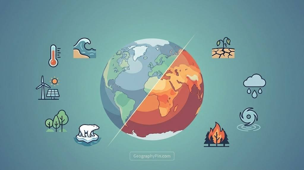 Illustration of Earth split between a cooler past climate and a warmer present climate, surrounded by icons for rising seas, drought, storms, wildfires, polar ice loss, and clean energy solutions.
