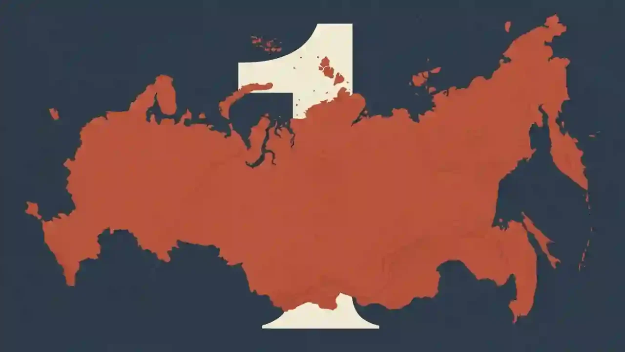 Map outline of Russia over a large number one, representing its rank as the world’s largest country by area.