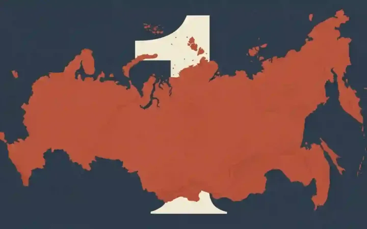 Map outline of Russia over a large number one, representing its rank as the world’s largest country by area.