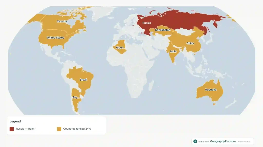 World map showing Russia in red and the nine other largest countries by total area in gold.