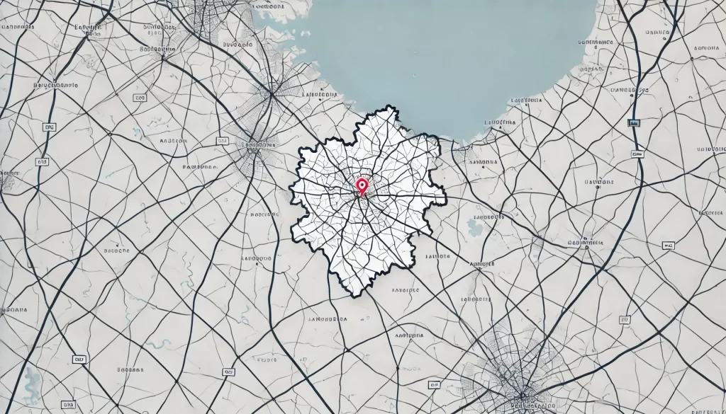 A minimalistic map highlighting a specific geographical area with distinct boundaries, major roads, and nearby landmarks, using simple lines and soft colors
