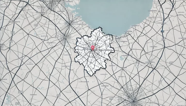 A minimalistic map highlighting a specific geographical area with distinct boundaries, major roads, and nearby landmarks, using simple lines and soft colors
