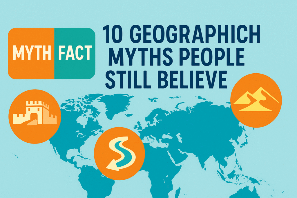 Infographic titled “10 Geographic Myths People Still Believe” showing a stylized world map with icons for myths vs. facts.