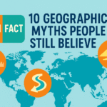 Infographic titled “10 Geographic Myths People Still Believe” showing a stylized world map with icons for myths vs. facts.