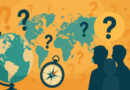 Flat-style professional illustration showing a globe, world map, compass, and silhouettes with question marks, representing challenging geography trivia.