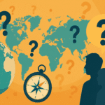 Flat-style professional illustration showing a globe, world map, compass, and silhouettes with question marks, representing challenging geography trivia.