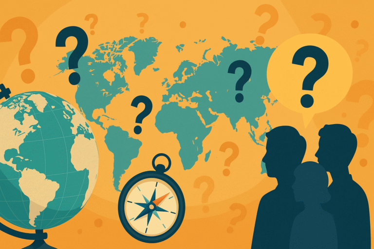Flat-style professional illustration showing a globe, world map, compass, and silhouettes with question marks, representing challenging geography trivia.