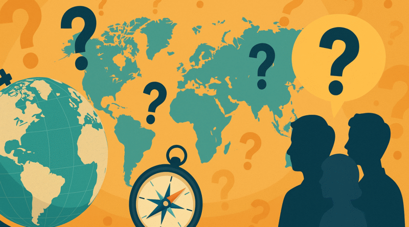 Flat-style professional illustration showing a globe, world map, compass, and silhouettes with question marks, representing challenging geography trivia.