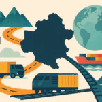 Stylized flat illustration of a landlocked country silhouette with roads, railways, cargo truck, train, ship, mountain icons, and a globe in the background.