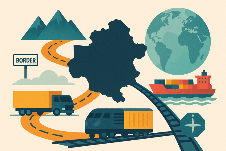 Stylized flat illustration of a landlocked country silhouette with roads, railways, cargo truck, train, ship, mountain icons, and a globe in the background.