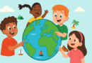 Illustrated colorful globe with diverse children pointing at continents and landmarks