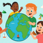 Illustrated colorful globe with diverse children pointing at continents and landmarks