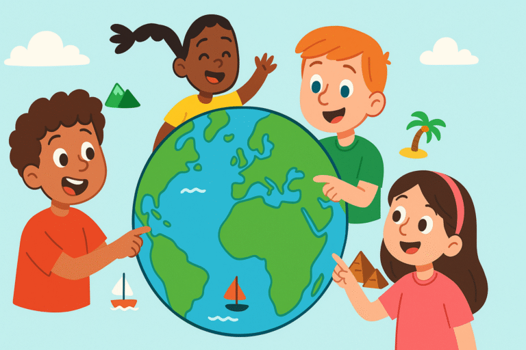 Illustrated colorful globe with diverse children pointing at continents and landmarks