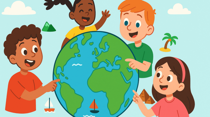 Illustrated colorful globe with diverse children pointing at continents and landmarks