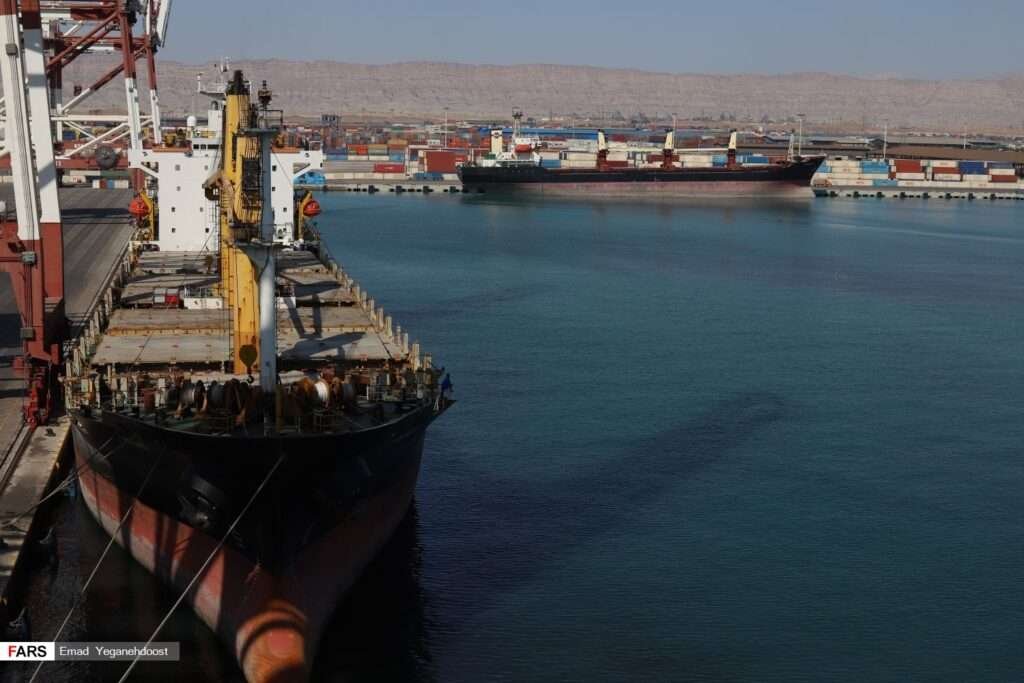 Aerial view of cranes and container stacks at Iran’s Shahid Rajaee Port