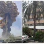 Split image showing (left) a massive brownish-gray smoke plume rising above a port area with parked vehicles, and (right) a dust-covered multi-story building with shattered windows and debris near palm trees.