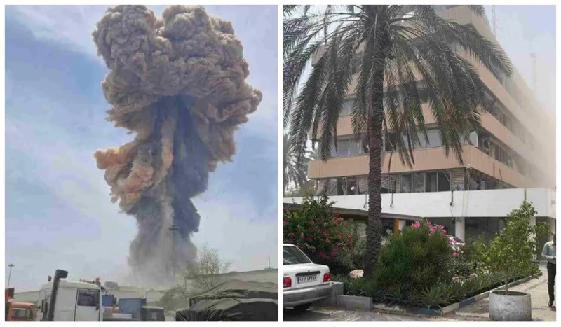 Split image showing (left) a massive brownish-gray smoke plume rising above a port area with parked vehicles, and (right) a dust-covered multi-story building with shattered windows and debris near palm trees.