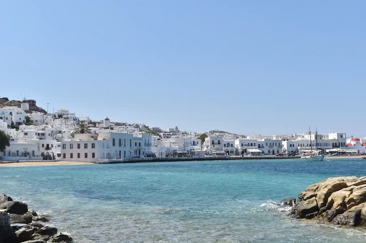 Mykonos Town shoreline with windmill