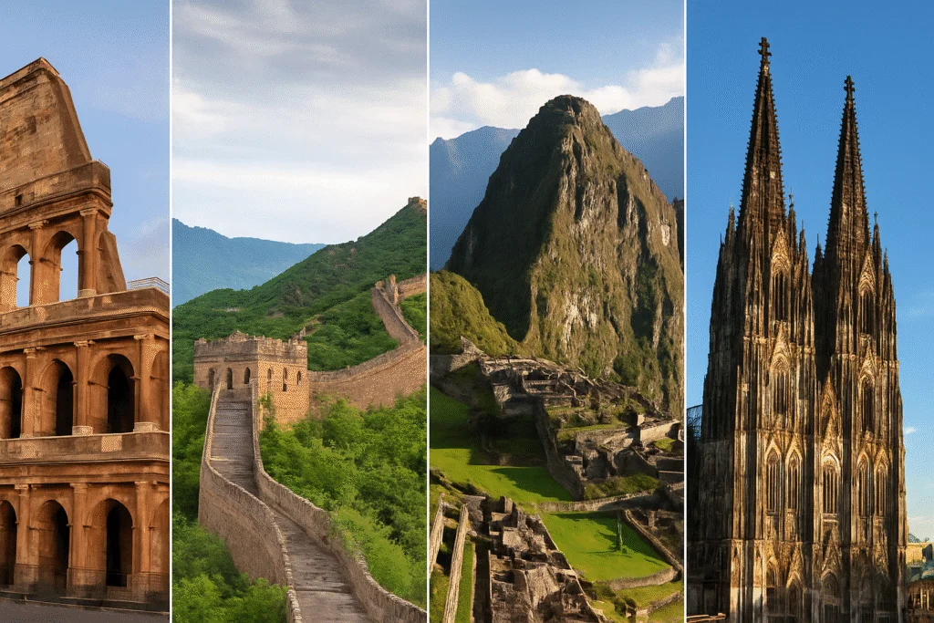 Collage of four UNESCO World Heritage Sites: the Colosseum in Rome (Italy), the Great Wall of China, Machu Picchu in Peru, and Cologne Cathedral in Germany.