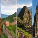Collage of four UNESCO World Heritage Sites: the Colosseum in Rome (Italy), the Great Wall of China, Machu Picchu in Peru, and Cologne Cathedral in Germany.
