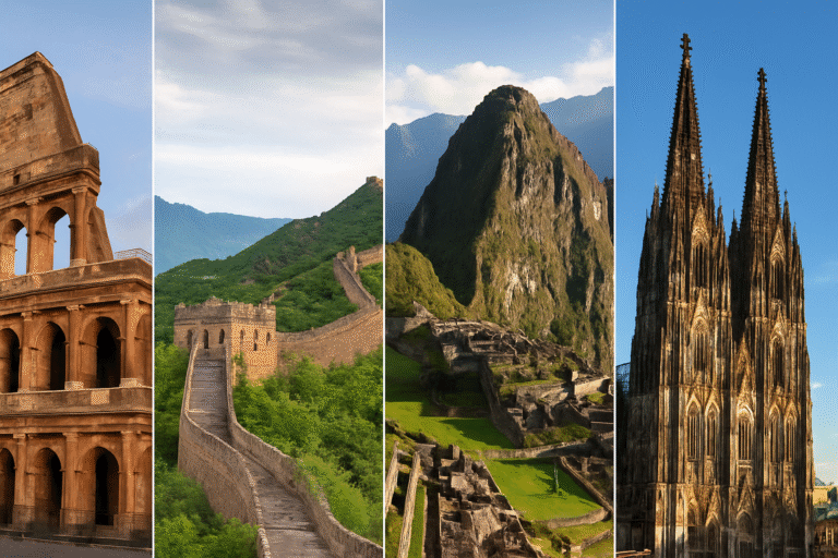 Collage of four UNESCO World Heritage Sites: the Colosseum in Rome (Italy), the Great Wall of China, Machu Picchu in Peru, and Cologne Cathedral in Germany.
