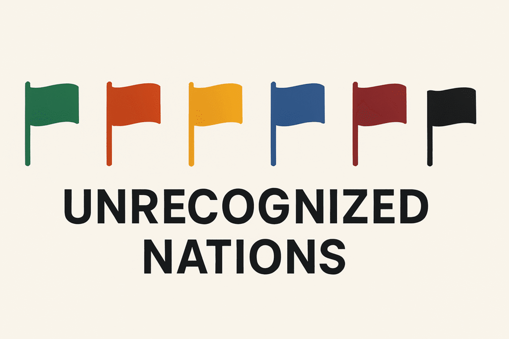 Minimalist header image showing six stylized flag icons in a row with bold text “UNRECOGNIZED NATIONS” beneath them.