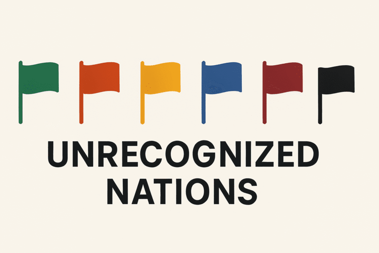 Minimalist header image showing six stylized flag icons in a row with bold text “UNRECOGNIZED NATIONS” beneath them.