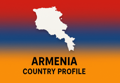 Flat-design 16:9 cover image of Armenia’s white map silhouette over a smooth vertical gradient of red, blue, and orange.