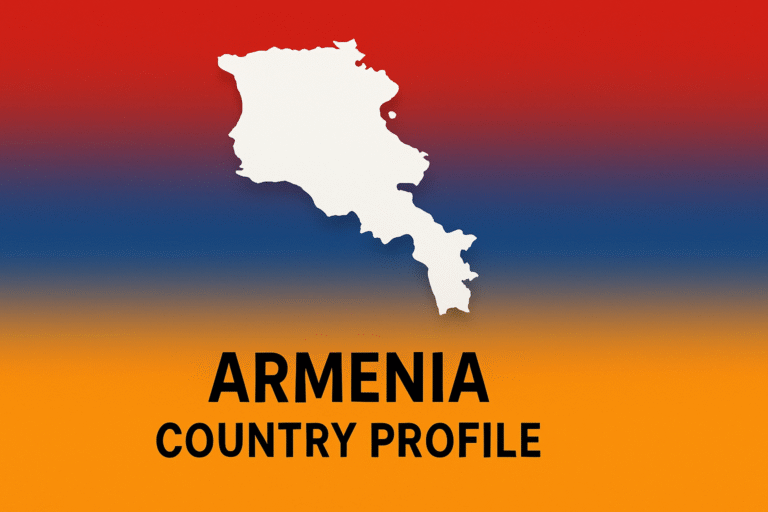 Flat-design 16:9 cover image of Armenia’s white map silhouette over a smooth vertical gradient of red, blue, and orange.