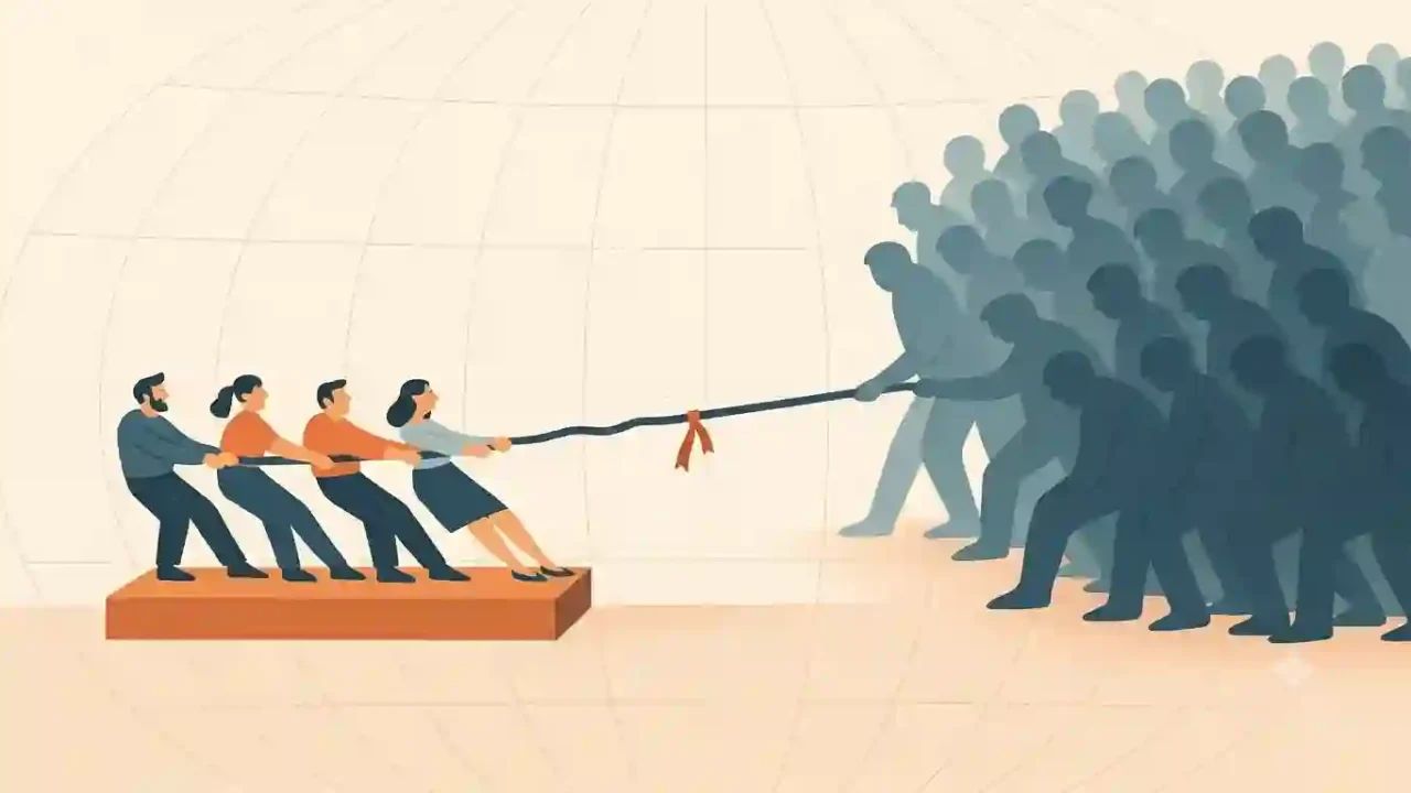 Four people in a tug-of-war with a much larger crowd, symbolizing countries whose global influence exceeds their population size.