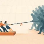 Four people in a tug-of-war with a much larger crowd, symbolizing countries whose global influence exceeds their population size.