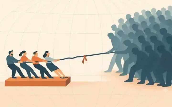 Four people in a tug-of-war with a much larger crowd, symbolizing countries whose global influence exceeds their population size.