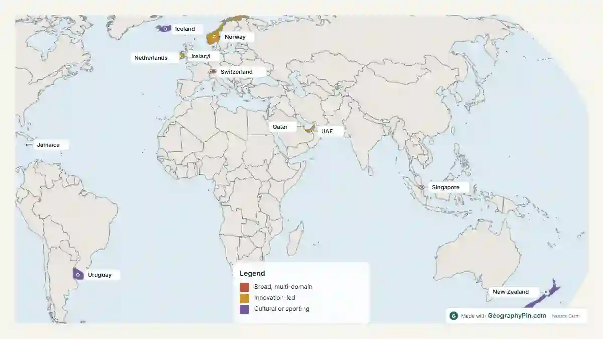 World map grouping selected countries by broad, innovation-led, strategic, cultural and sporting influence relative to population.
