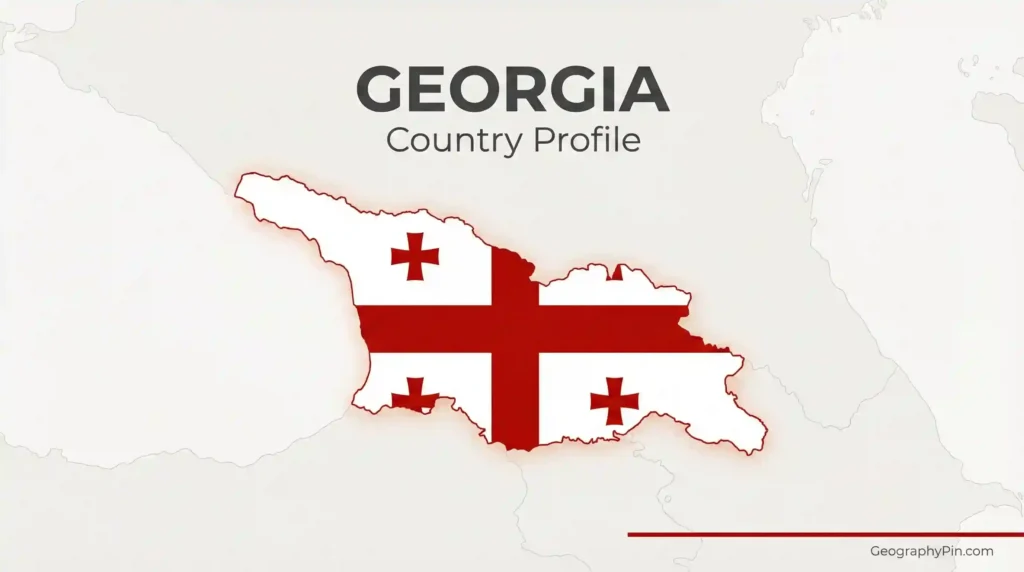 Outline map of Georgia filled with the national flag and the text “Georgia Country Profile”.