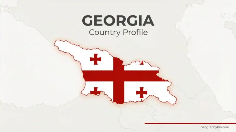 Outline map of Georgia filled with the national flag and the text “Georgia Country Profile”.